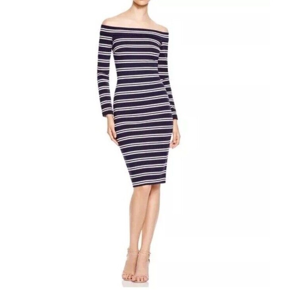 Bec + Bridge Dress Womens 2 Blue Ahoy Striped Coastal Nautical Off Shoulder